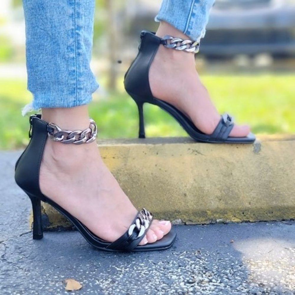 Womens Black Ankle Strap Heels Chains Stiletto Sandals - Picture 2 of 5